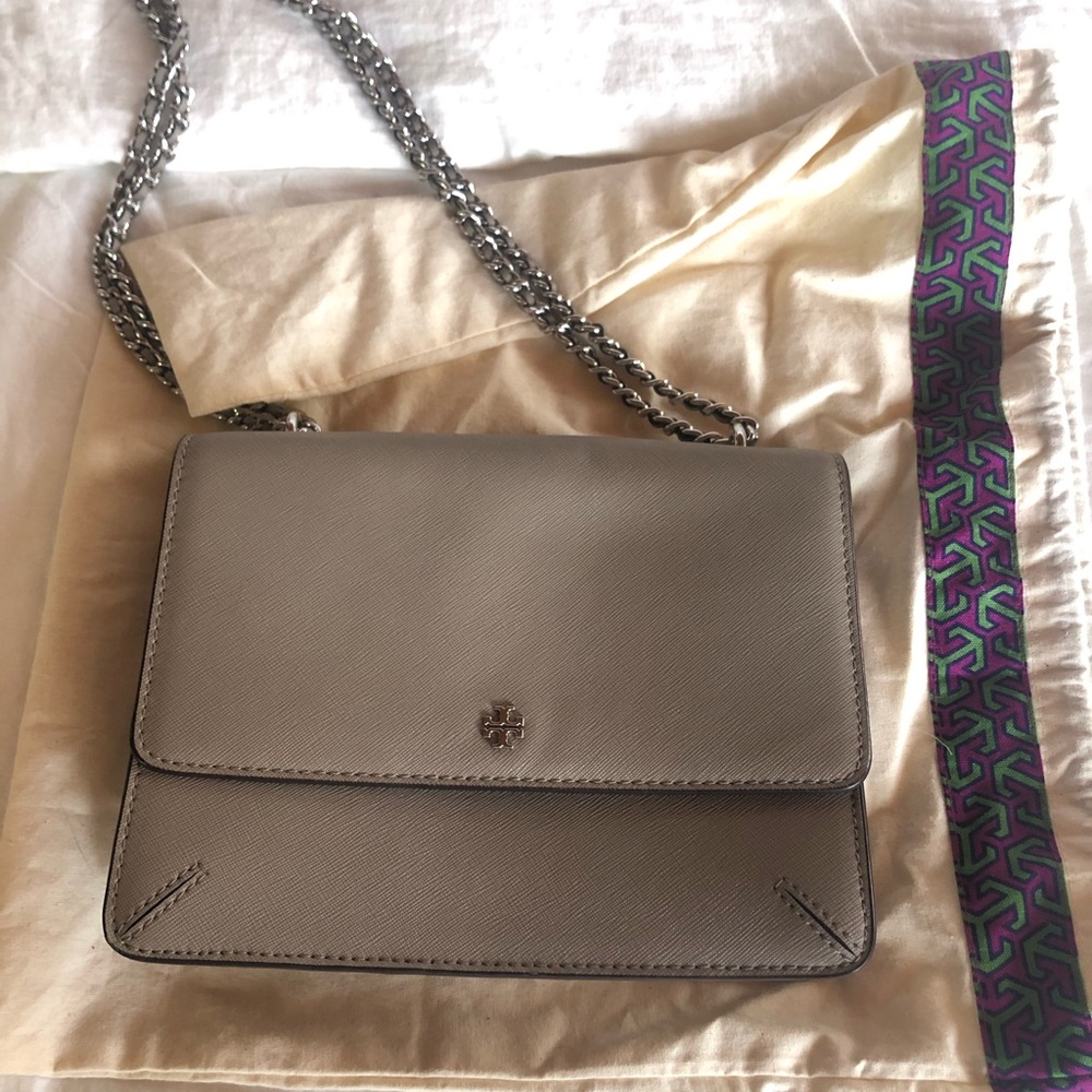 Tory Burch Silver Gray Crossbody Bag with Chain Strap